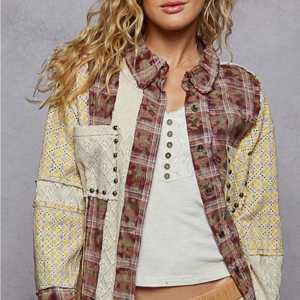 NWT POL Plaid Patchwork Jean Jacket Sizes Small Medium Large